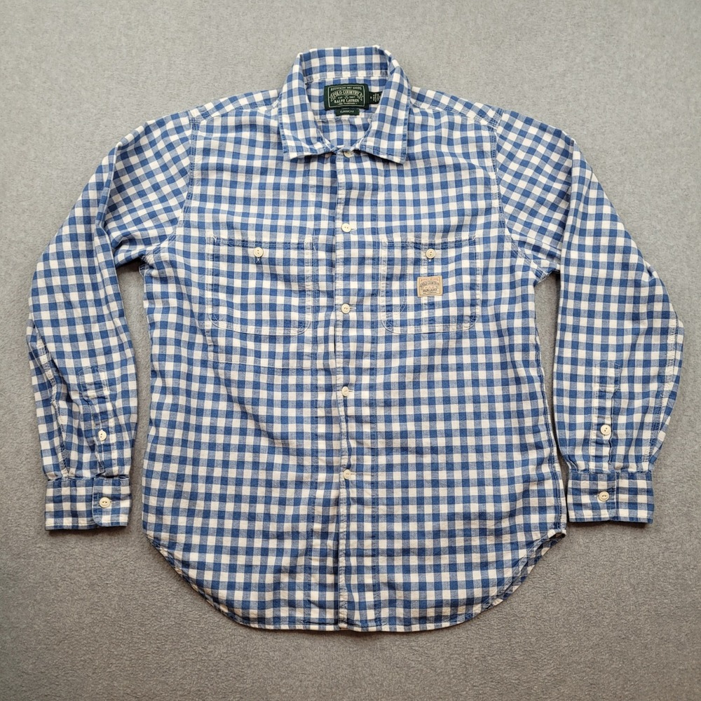 Polo Country Ralph Lauren Work Shirt Mens Medium Blue Gingham Classic Fit